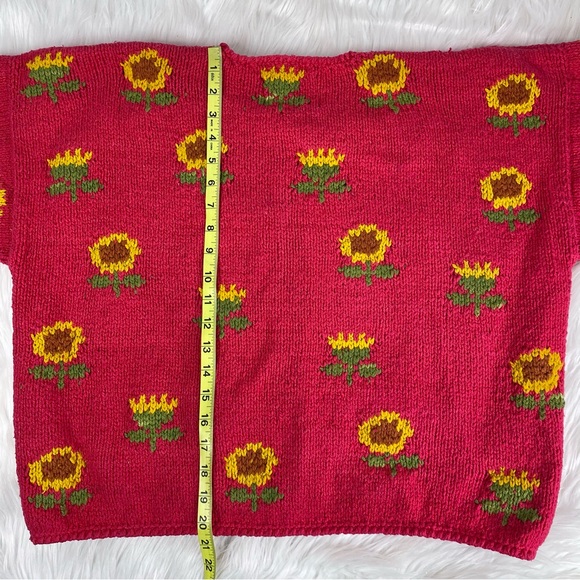 Vintage Amano Cotton Pink Sunflower Cardigan Hand Knit Sweater Women’s One Size - Picture 9 of 10